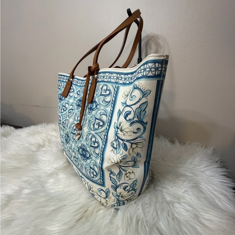 Brighton Brielle Blue White British Tan Leather Trim Coated Canvas - Picture 4 of 11